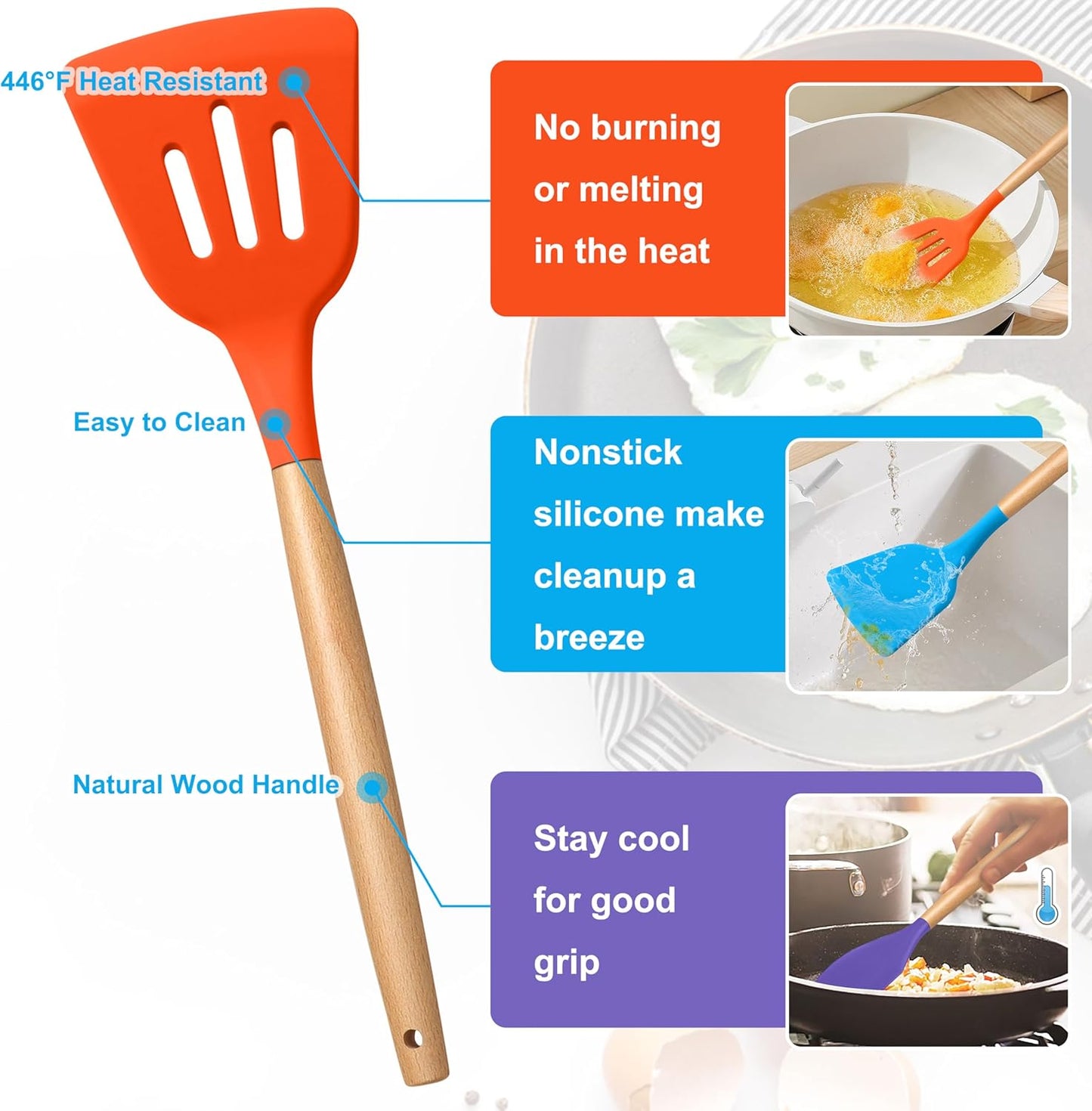 E-far Silicone Cooking Utensils Set, 5-Piece Kitchen Utensils Set with Wooden Handle for Cooking, Silicone Kitchen Nonstick Tools Spatula Turner Slotted Spoons, Nontoxic & Heat Resistant-Khaki