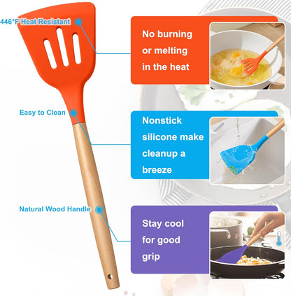 E-far Silicone Cooking Utensils Set, 5-Piece Kitchen Utensils Set with Wooden Handle for Cooking, Silicone Kitchen Nonstick Tools Spatula Turner Slotted Spoons, Nontoxic & Heat Resistant-Khaki