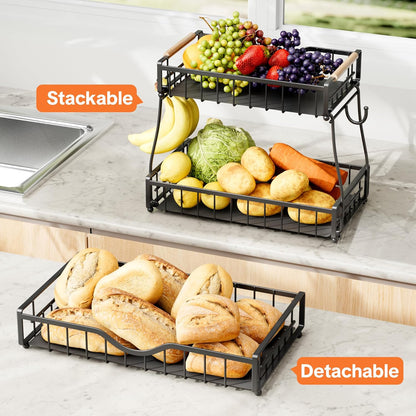 3 Tier Fruit Basket for Kitchen Countertop with 2 Banana Hangers,Detachable Metal Fruit Bowl with Wooden Handles and Protective Pads,Large Capacity Fruit and Vegetable Basket Organizer,Black