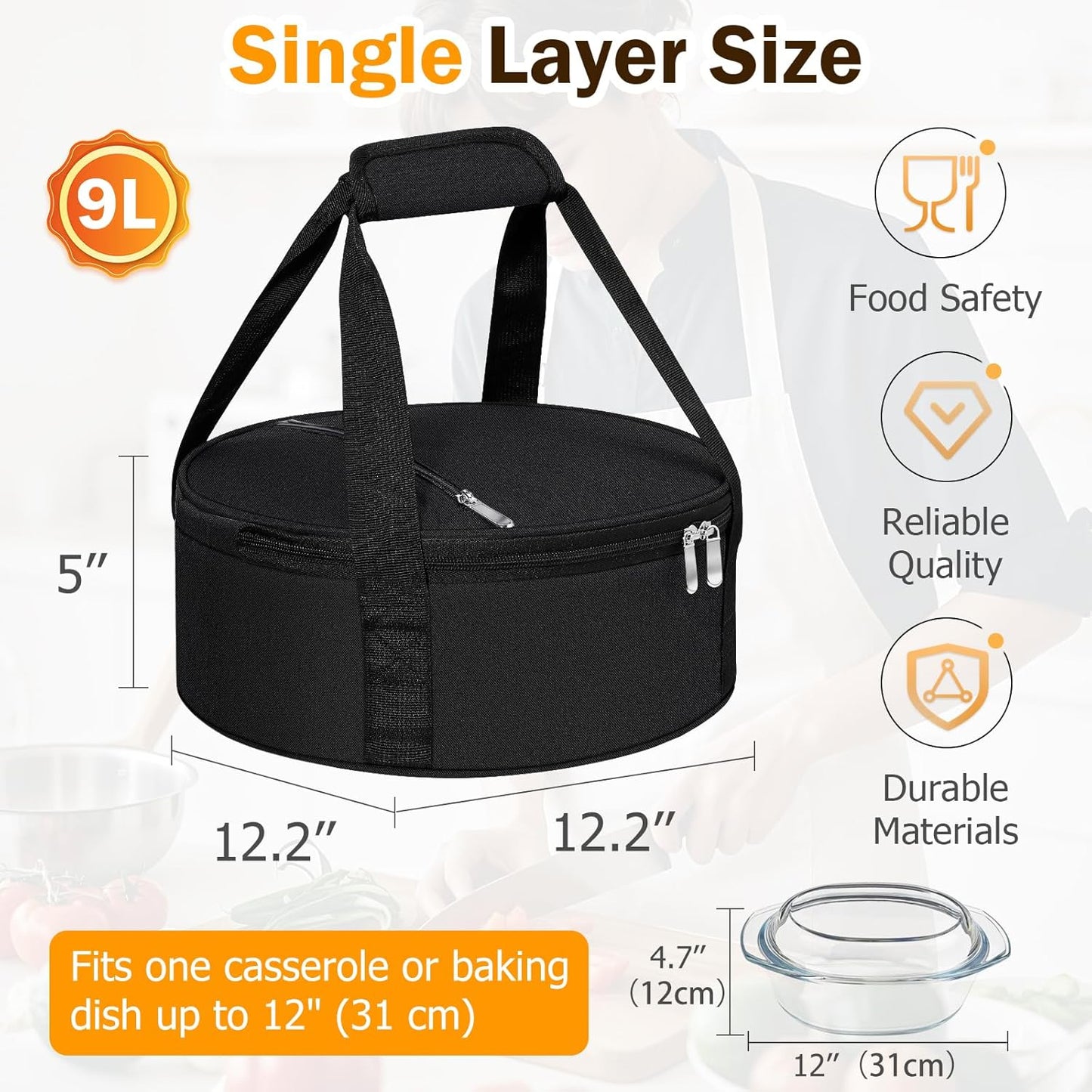 Round Insulated Casserole Carrier – 12" Portable Pie Carrier Bag for Hot or Cold Food, Leakproof Thermal Lunch Tote with Handle for Parties Picnic & Travel - Grey