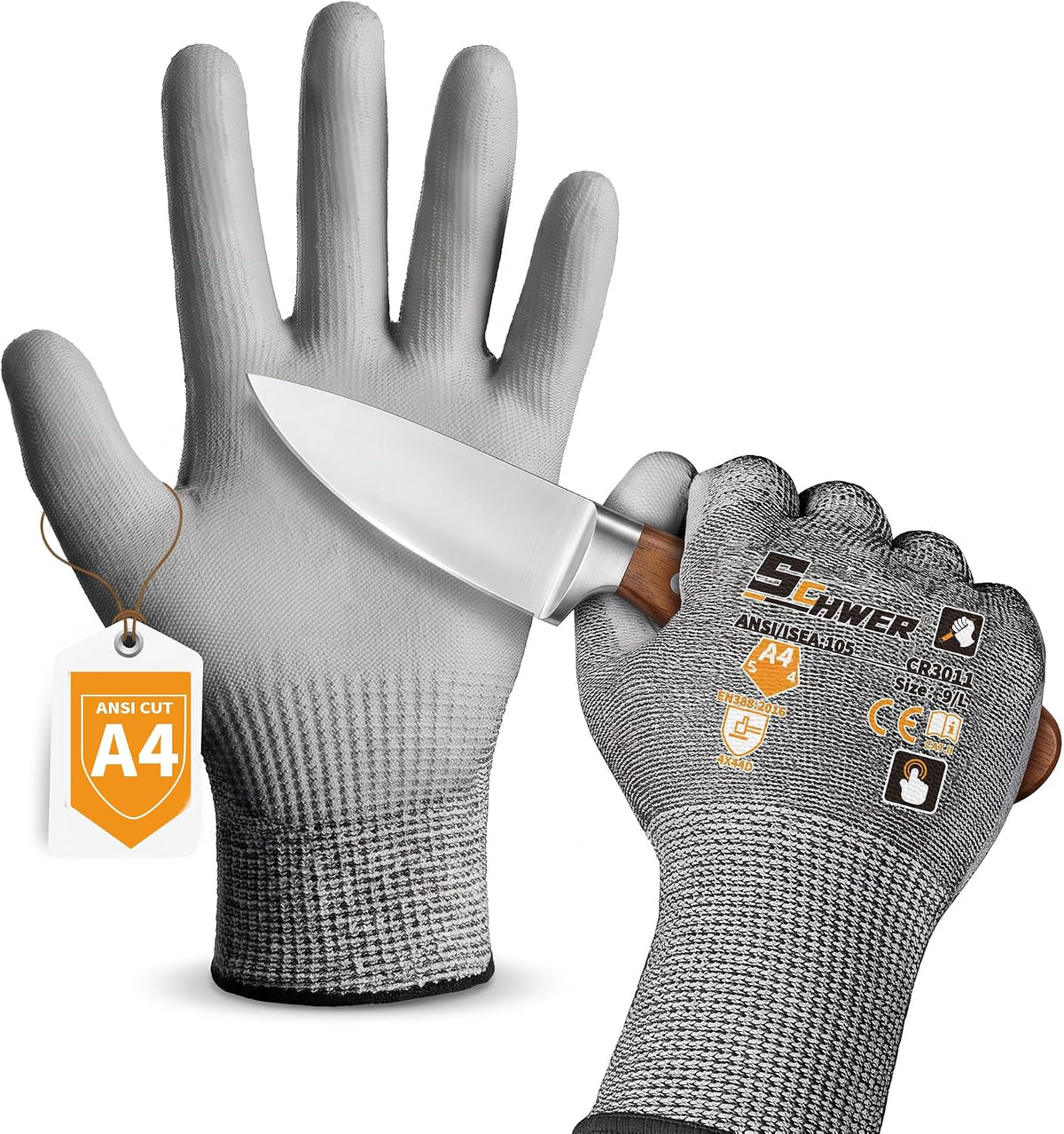 Schwer 12 Pairs A4/A5/A6 Cut Resistant Gloves, Non PFAS CR3088, L