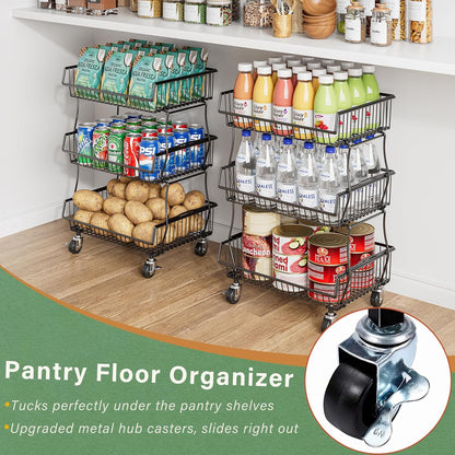 OKZEST 3-Tier Rolling Pantry Floor Organizer and Storage Cart with Wheels, Stackable Wire Pantry Baskets for Pantry Shelves, Kitchen Storage Rack and Fruit Basket Stand for Fruit Snack Onion Potato