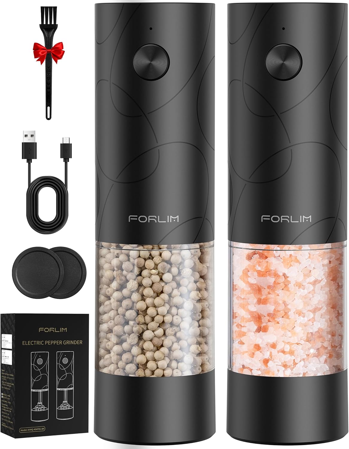 FORLIM Electric Salt & Pepper Grinder Set, Rechargeable 2 Pack, Black White