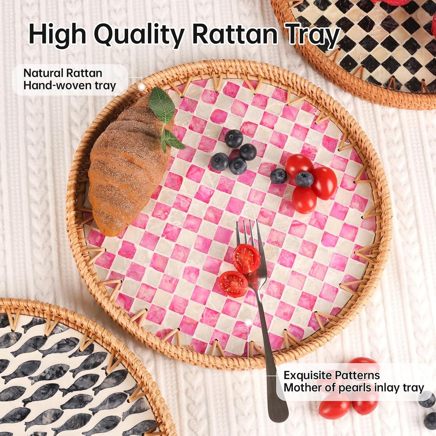 Round Rattan Tray with Mother of Pearl Inlay, Rattan Serving Tray for Coffee, Bread, Fruits, Decorative Wicker Tray for Table Decor, Home Decor, Kitchen Island Decor(Black Checkerboard, 11.8")