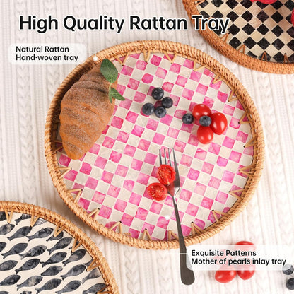 Round Rattan Tray with Mother of Pearl Inlay, Rattan Serving Tray for Coffee, Bread, Fruits, Decorative Wicker Tray for Table Decor, Home Decor, Kitchen Island Decor(Black Checkerboard, 11.8")