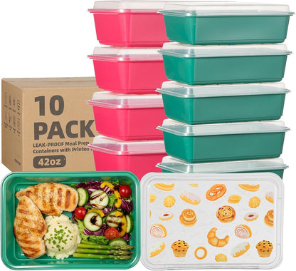 10 Pack 42 oz Meal Prep Containers, Reusable Plastic Food Prep Storage Containers with Printed Lids, Stackable, Leakproof, Microwave & Freezer & Dishwasher Safe,To Go Take Out Box, Avocado