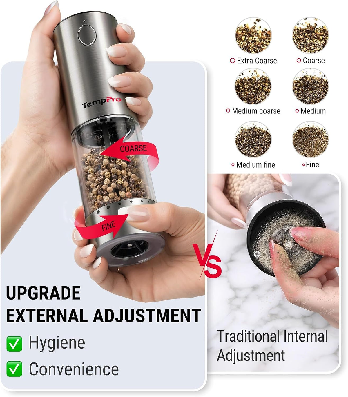 TempPro Rechargeable Electric Salt and Pepper Mill Set with Large Capacity