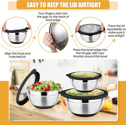 P&P CHEF Khaki Mixing Bowls Set of 6, Stainless Steel Mixing Bowl with Visible Lids for Salad, Metal Nesting Serving Bowls for Kitchen Cooking Prepping Storing Food, 4.6/3.5/2.6/2/1.5/1 QT