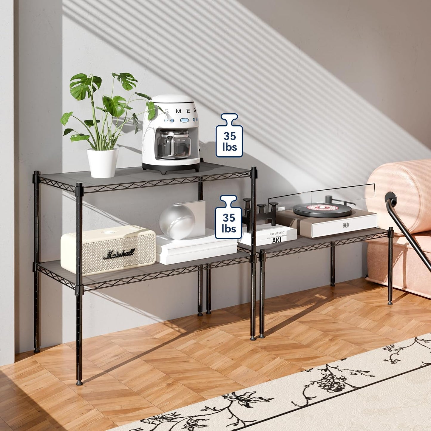 Whitmor 2-Wire Shelving Unit, Metal Storage Shelves, Stacking Shelf with Basket, Easy Assembly Home Organizer for Pantry, Kitchen, Garage, Plant