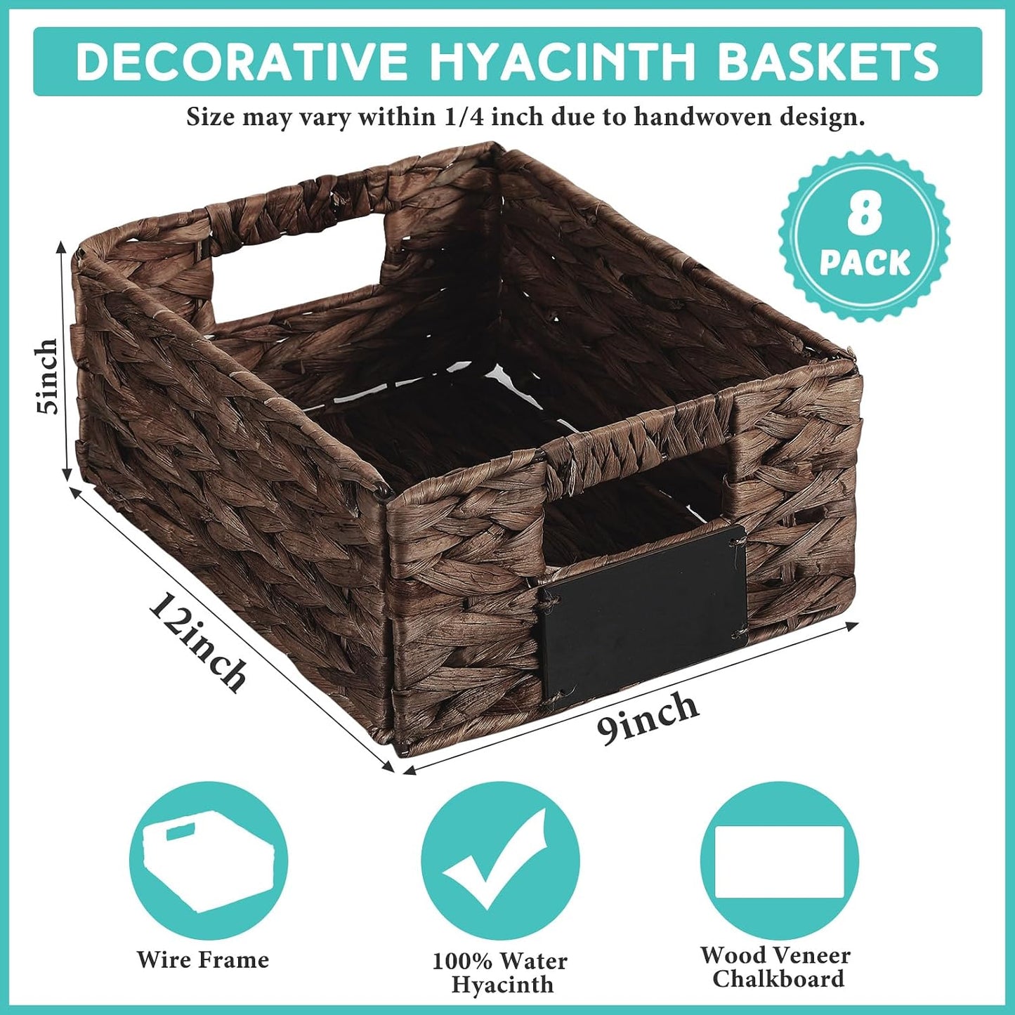 Nitial 8 Pcs Wicker Storage Basket, Rectangular Water Hyacinth Storage Basket for Shelving, Foldable Woven Pantry Organizer with Chalkboard Label and Chalk Marker (Natural,12 x 9 x 5 Inch)