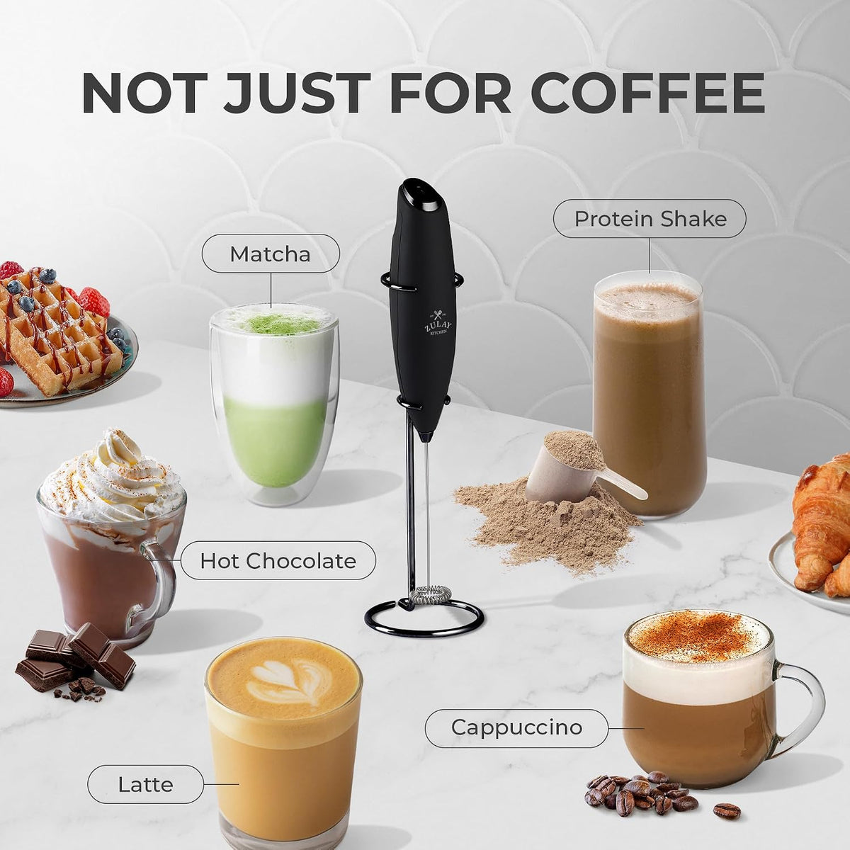 Zulay Kitchen Rechargeable Milk Frother Handheld - Frother Wand, Drink Mixer, Electric Whisk Frother, for Cappuccinos, Matcha & Protein Powder - Dynamic 3 Whisk, 3 Speed 500mAh Black - Colors C