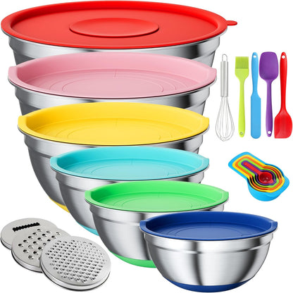 20-Piece Mixing Bowls Set with Airtight Lids – 6 Stainless Steel Kitchen Bowls (4.5QT, 4QT, 3.5QT, 2.1QT, 1.5QT, 1.1QT), 3 Grater Attachments, Non-Slip Silicone Bottoms, Perfect for Baking & Serving
