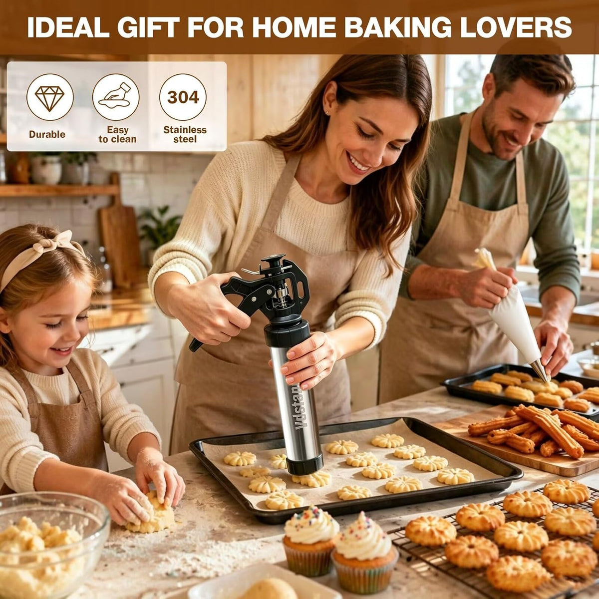 3-in-1 Cookie Press and Churro Maker, Stainless Steel Baking Gun