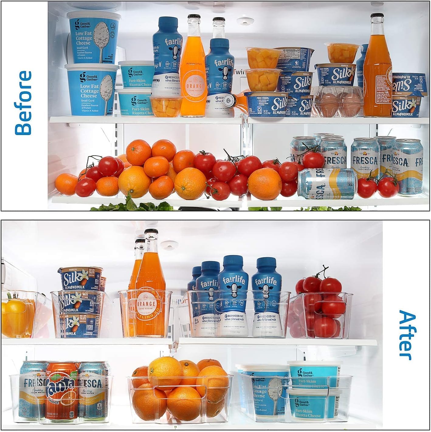 Hearth & Harbor 28 Piece Fridge Organizer Bins - Set of 16 Clear Bins with 8 Shelf Liners, 2 White Boards and 2 Markers - Stackable Containers With Handles