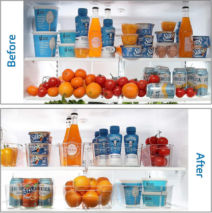 Hearth & Harbor 28 Piece Fridge Organizer Bins - Set of 16 Clear Bins with 8 Shelf Liners, 2 White Boards and 2 Markers - Stackable Containers With Handles
