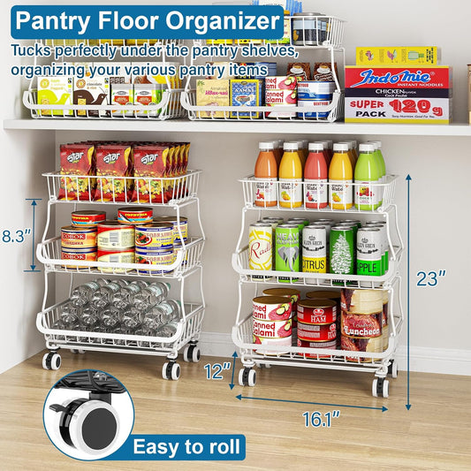 OKZEST 3-Tier Rolling Pantry Floor Organizer and Storage Cart with Wheels, Stackable Wire Pantry Baskets for Pantry Shelves, Kitchen Storage Rack and Fruit Basket Stand for Fruit Snack Onion Potato