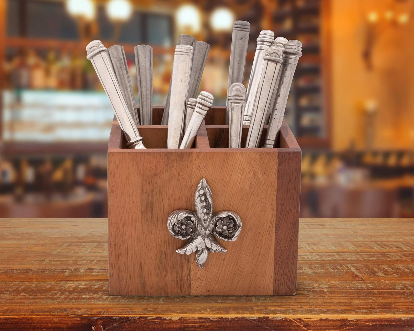 Vagabond House Caddy Rectangle Acacia Wood Flatware/Serve ware/Utensil/Carry-All Holder Solid Pewter Song Bird Accent and Real Leather Handles, 3 Small and 1 Larger Compartment 13.5 inch Long