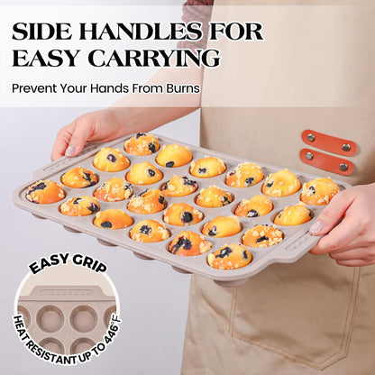 2 Pcs Silicone Muffin Pans for Baking with Metal Reinforced Frame, Nonstick Cupcake Tray for Oven, 12 Cups Regular Size Silicone Molds for Egg Bites, Dishwasher Safe (Brown, Cream)