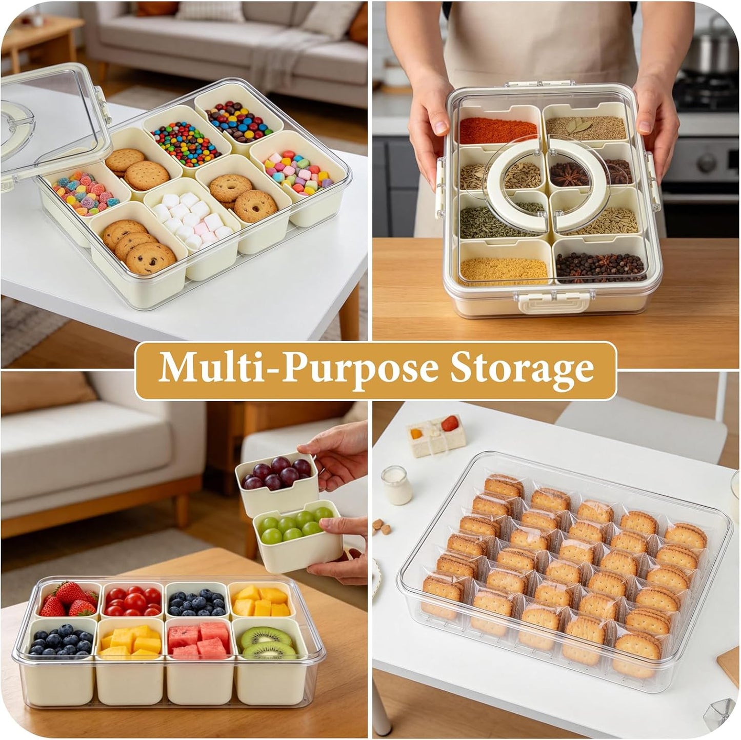 Snackle Box Container, Snack Box Container, Divided Serving Tray with Lid & Handle for Snackle, Veggie, Candy, Nut, Fruits Portable for Travel Party, Picnic (8 Inside Containers Dishwasher Safe)