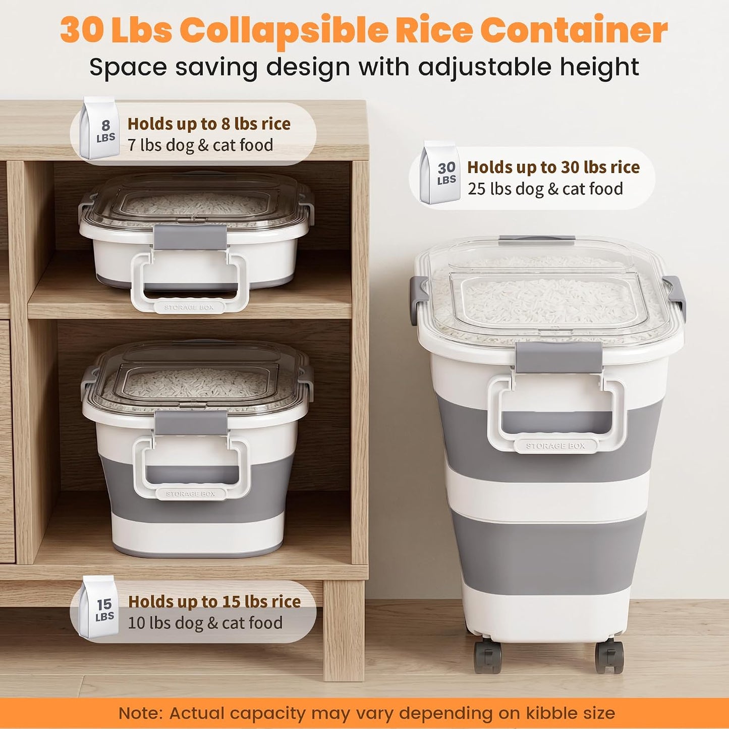 30 Lbs Rice Storage Container with Wheels, Collapsible Airtight Dog Food Storage Container with Transparent Lid, Measuring Cup, Scoop, Handle, BPA Free Rice Holder for Pet Food, Grain, Bird Seed