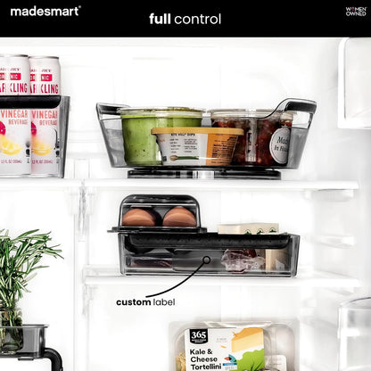madesmart Fridge Portable Tote, Condiment Caddy with 2 Compartments, Pop-Up Handle & Non-Slip Base, Refrigerator Organizer for Sauces, Jars & Small Items, Clear