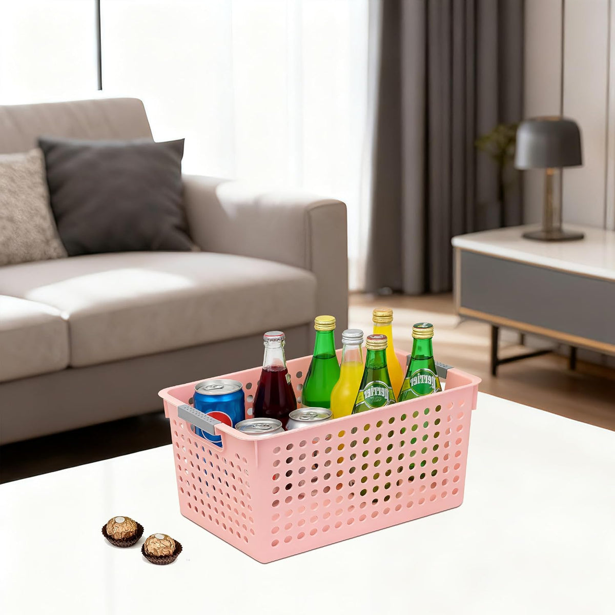 Soddeph 4 Pack Plastic Storage Basket with Handles, Small Deep Organizer Bin with Hollow Design for Under Counter, Shelf, Closet, Kitchen or Bathroom (White, Small)