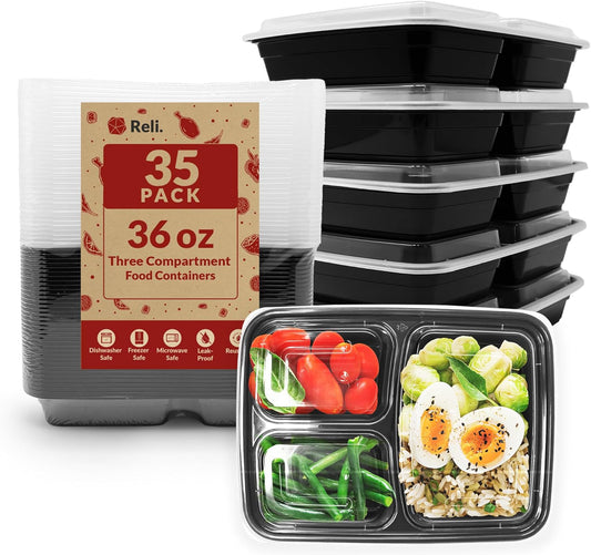 Reli. Meal Prep Containers 36 oz (35 Pack) 3 Compartment Meal Prep Containers Reusable | Plastic Take Out Food Box, Microwavable | Boxes with Lids for Takeout, To Go, Leftover