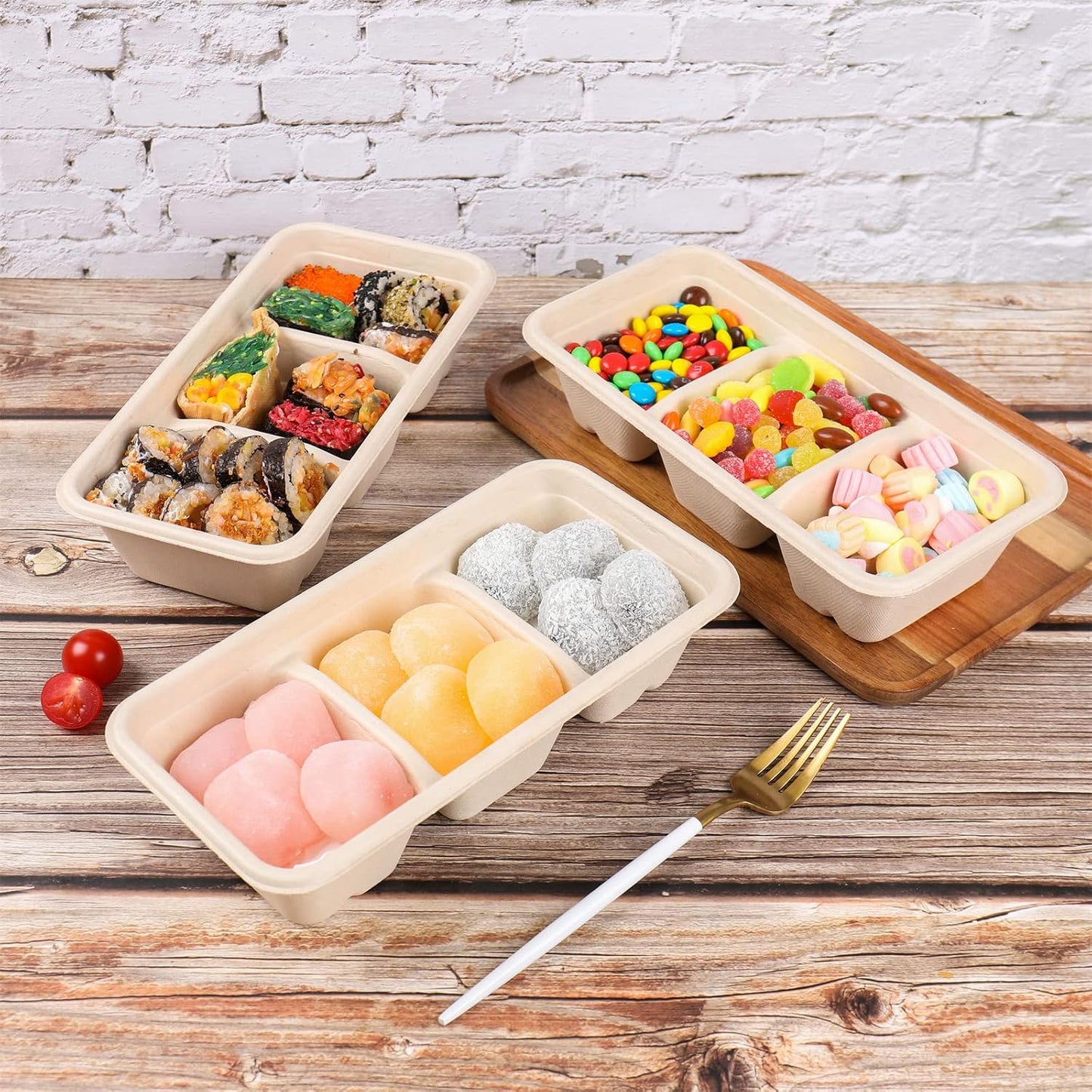 disposable bowls 18 oz 3 compartments with lids Plant Fiber 50 Pack