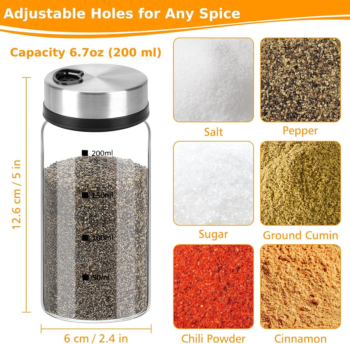 Accmor Salt Pepper Shakers with Adjustable Holes, Glass Spice Shaker Seasoning Cans for Kitchen, Home Restaurant Farmhouse BBQ Camping