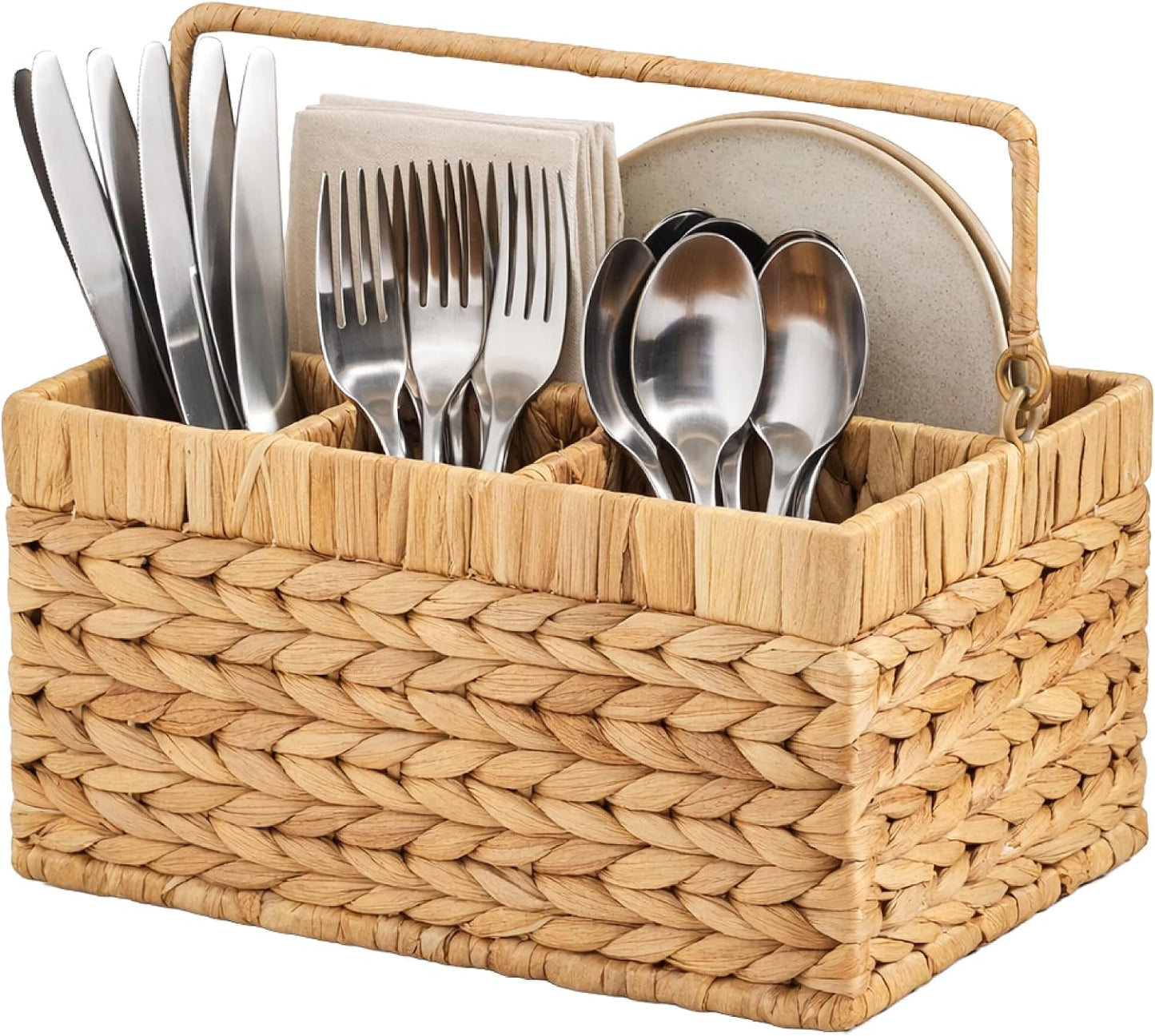 Best Choice Products Handwoven Silverware Organizer w/Handle, 5 Compartment Flatware Organizer, Shelf Storage Basket, Wicker Utensil Caddy, Cutlery Basket Holder for Party, Picnic, BBQ - Chestnut