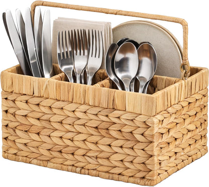 Best Choice Products Handwoven Silverware Organizer w/Handle, 5 Compartment Flatware Organizer, Shelf Storage Basket, Wicker Utensil Caddy, Cutlery Basket Holder for Party, Picnic, BBQ - Chestnut