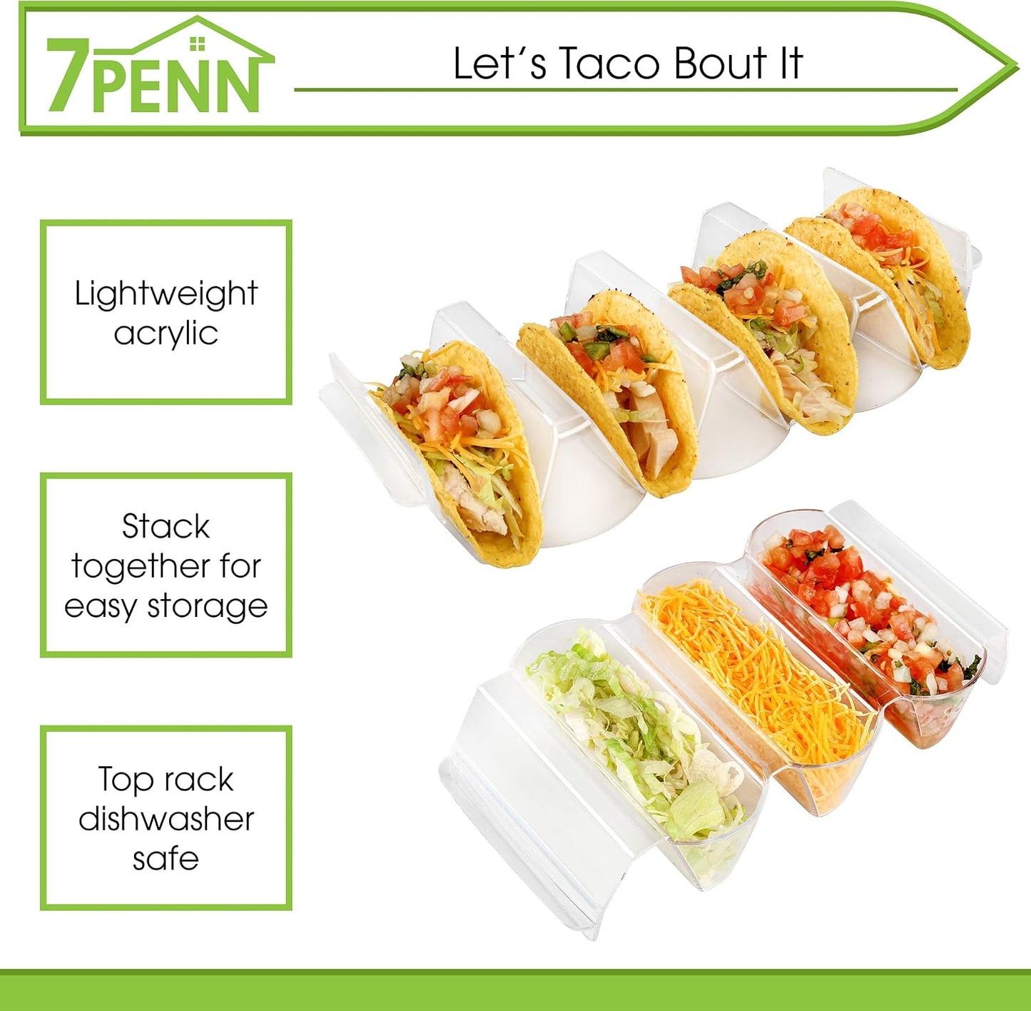 7Penn Taco Shells Holder Set of 4 - Toppings Tray to Taco Holder Stand Divided Serving Trays for Party and Dinner