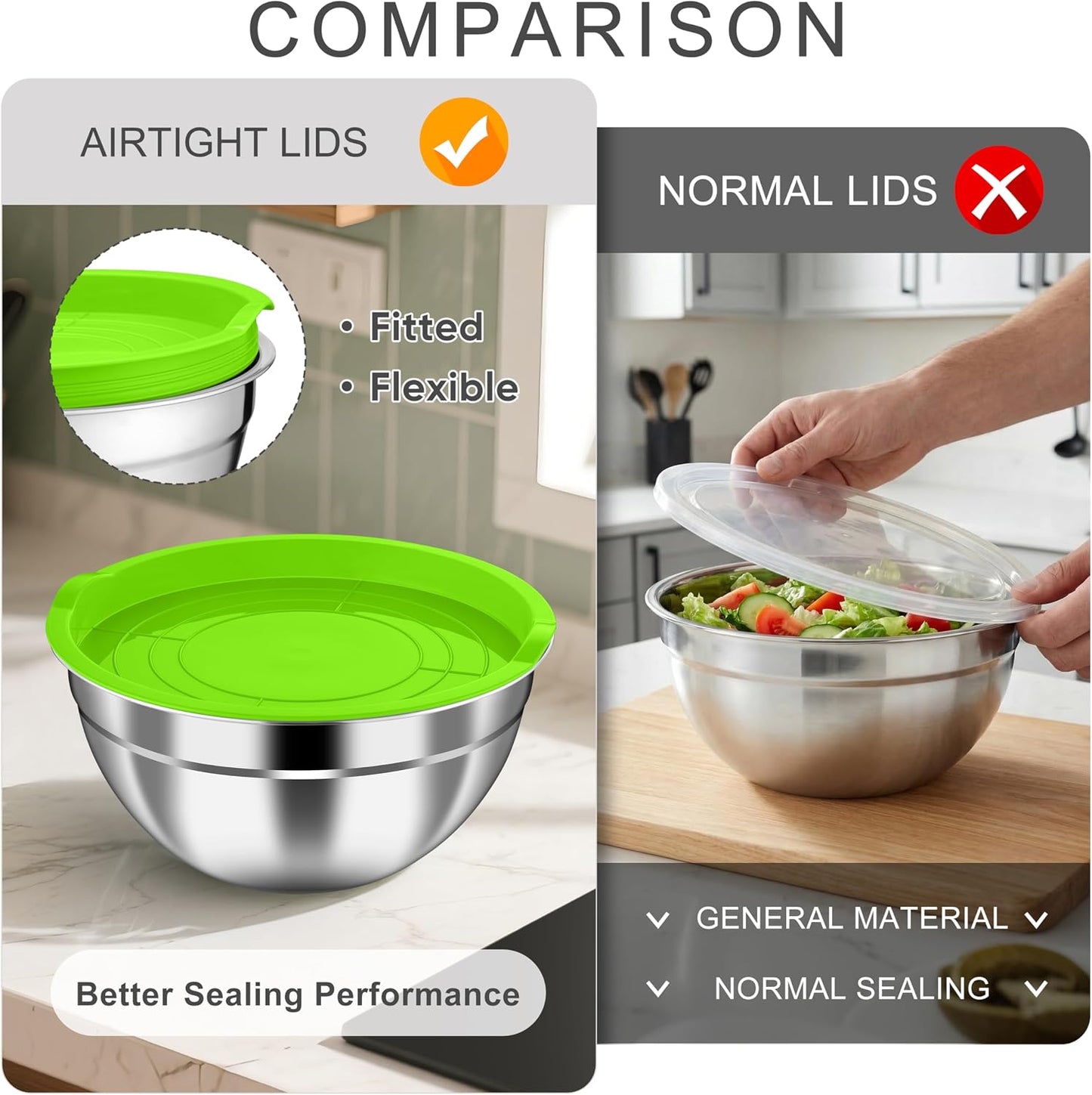 HaWare Mixing Bowls with Airtight Clear Lids, 6-Piece Stainless Steel Strong Nesting Bowls Set, Metal Salad Bowl for Cooking, Prepping, Baking, Serving & Food Storage, Size 4.6, 3, 1.5QT, Khaki