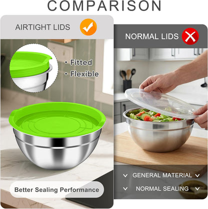 HaWare Mixing Bowls with Airtight Clear Lids, 6-Piece Stainless Steel Strong Nesting Bowls Set, Metal Salad Bowl for Cooking, Prepping, Baking, Serving & Food Storage, Size 4.6, 3, 1.5QT, Khaki