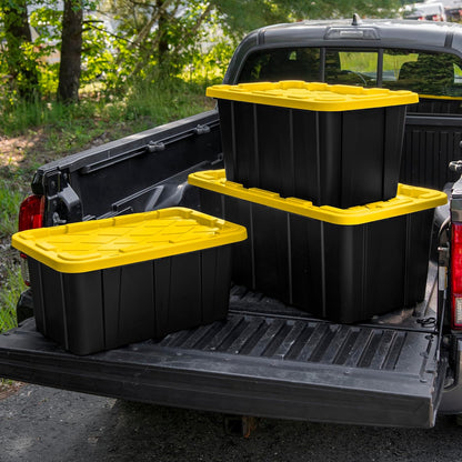 Sterilite 4-Pack 27 Gallon Industrial Storage Tote, Heavy-Duty Plastic Bins, Black/Yellow - Stackable Utility Organizers with Lids for Garage, Camping Tools, and Outdoor Gear