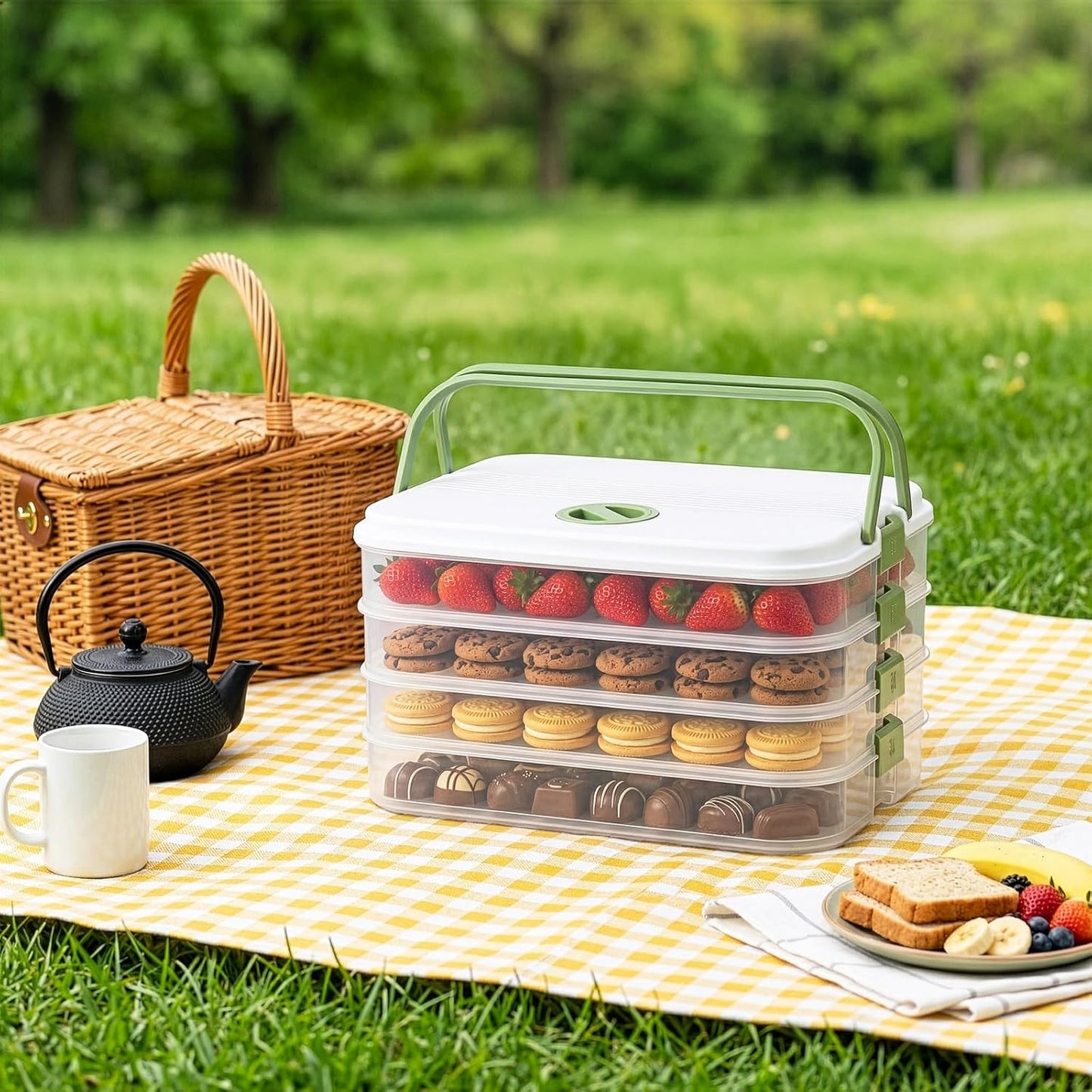 WUWEOT Plastic Cookie Storage Box with 4 Layers, Transport Snack Container Cookie Carrier, Stackable Dumpling Box Refrigerator Container with Lid and Handle for Desserts Cupcakes Snacks Dumplings