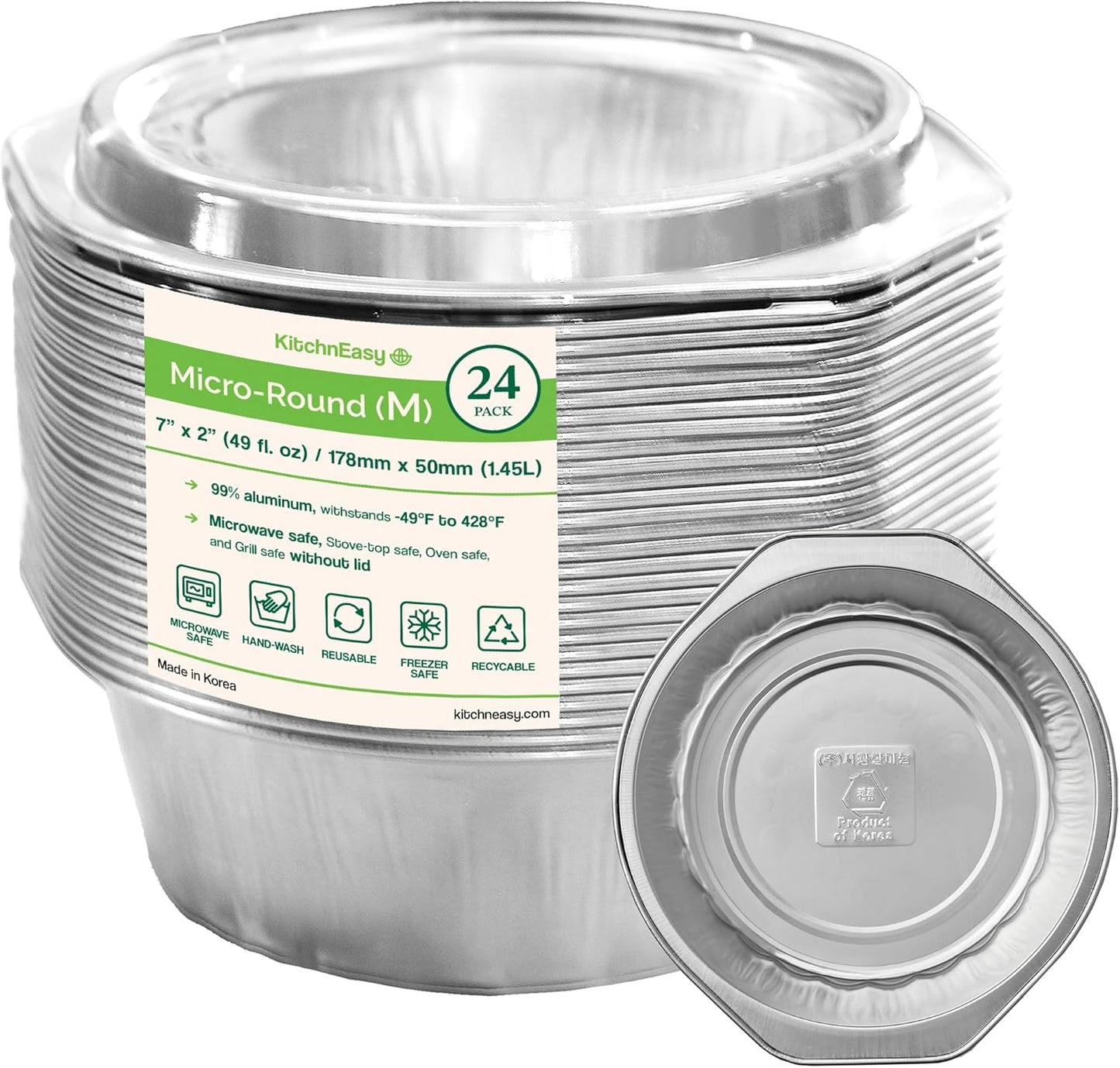 7" Round Aluminum Pans +Lids | 49oz, 7"x2" | 3X Thick, Reusable | Microwave, Oven, Air Fryer, and Grill Safe| Ideal for Camping, Lunch Box, and Meal Prep | For Pasta, Mac and Cheese, and Lasagna (24)
