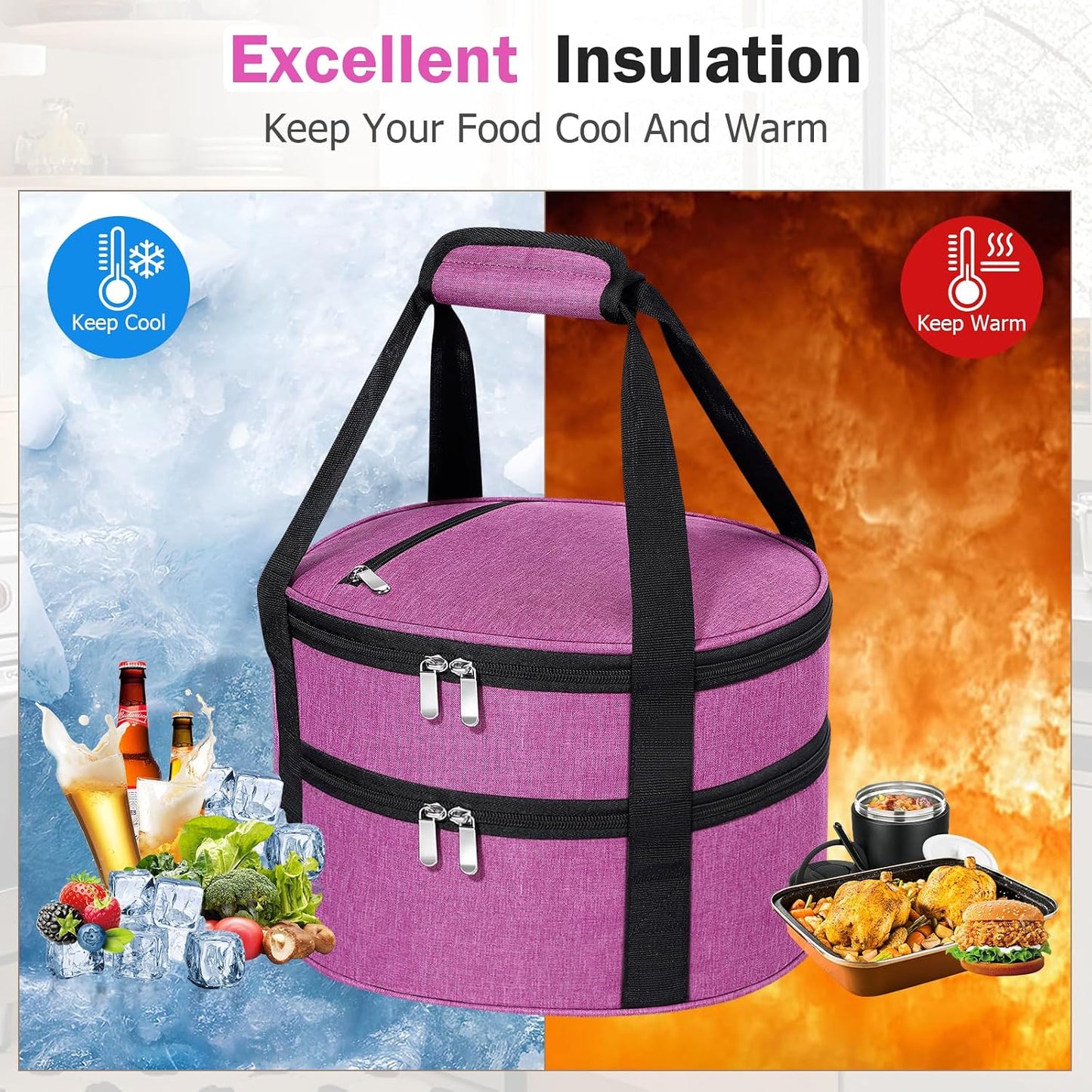 Round Insulated Casserole Carrier – 12" Portable Pie Carrier Bag for Hot or Cold Food, Leakproof Thermal Lunch Tote with Handle for Parties Picnic & Travel - Grey