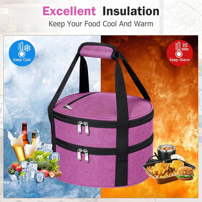 Round Insulated Casserole Carrier – 12" Portable Pie Carrier Bag for Hot or Cold Food, Leakproof Thermal Lunch Tote with Handle for Parties Picnic & Travel - Grey
