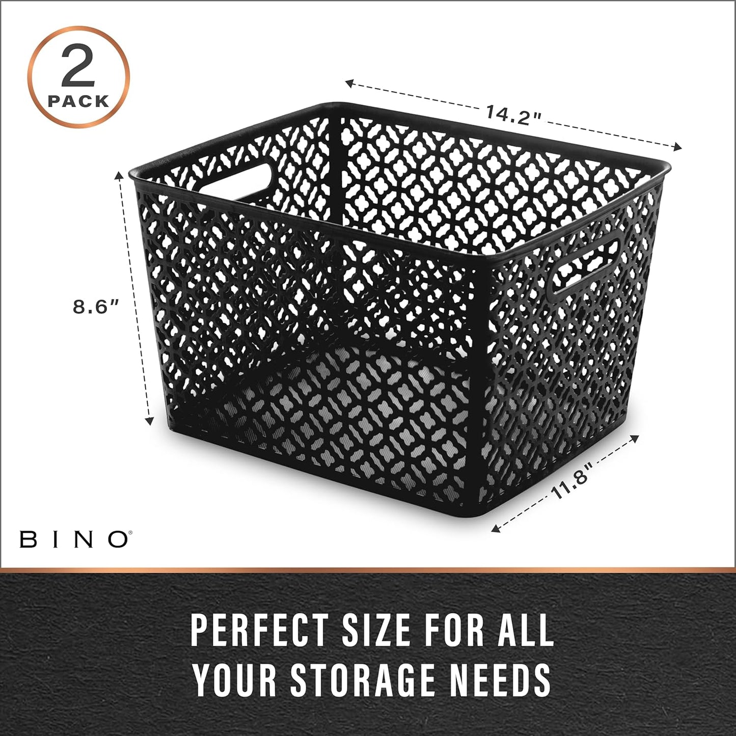 BINO l Plastic Storage Baskets, Large - Grey l THE BLOSSOM COLLECTION l Multi-Use Organizer Bin l Built-in Handles l Plastic Woven Basket for Organizing l Pantry & Home Organizing Basket