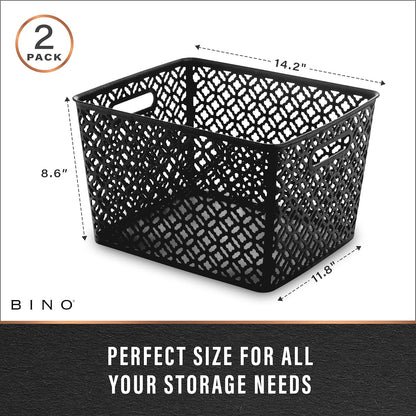 BINO l Plastic Storage Baskets, Large - Grey l THE BLOSSOM COLLECTION l Multi-Use Organizer Bin l Built-in Handles l Plastic Woven Basket for Organizing l Pantry & Home Organizing Basket