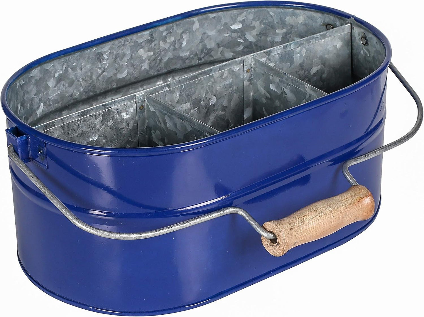 Alpha Living Home Galvanized Metal Utensil Caddy - Rustic Farmhouse Organizer Metal Garden Caddy with 4 Compartments and Wooden Handle for Kitchen, Buffet & Outdoor Events (Silver)