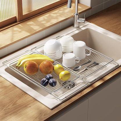 Expandable Over The Sink Dish Drainer Drying Rack, Stainless Steel Metal, Small Adjustable Dish Drainer Drying Rack for Kitchen Counter, Space Saving for Compact Kitchen