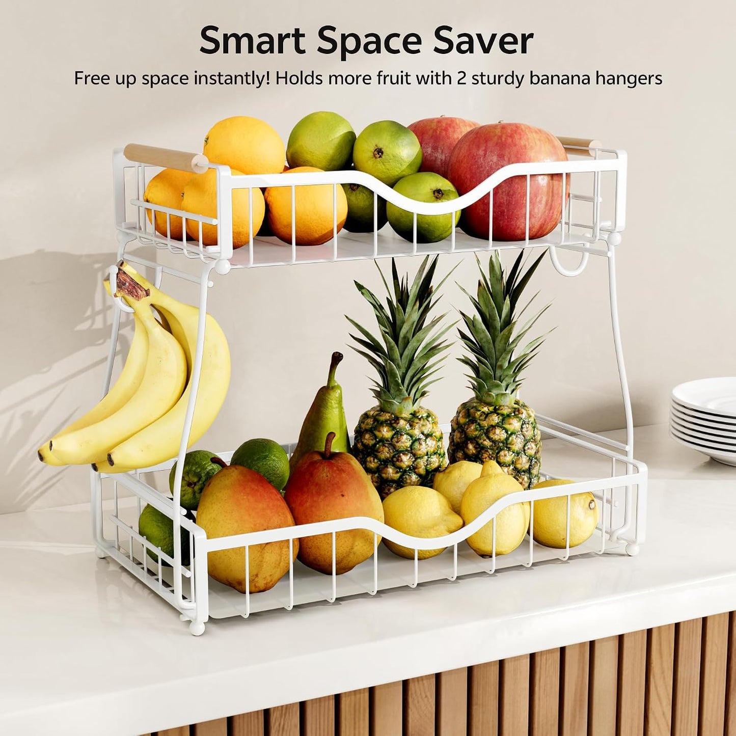 3 Tier Fruit Basket for Kitchen Countertop with 2 Banana Hangers,Detachable Metal Fruit Bowl with Wooden Handles and Protective Pads,Large Capacity Fruit and Vegetable Basket Organizer,Black