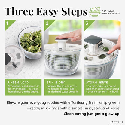 Glass Salad Spinner with Storage Lid, 6 Quart Borosilicate Bowl, Push Button Drying Lid, BPA-Free Draining Basket Doubles as Serving Bowl & Colander, Lettuce, Vegetable, & Fruit Washer