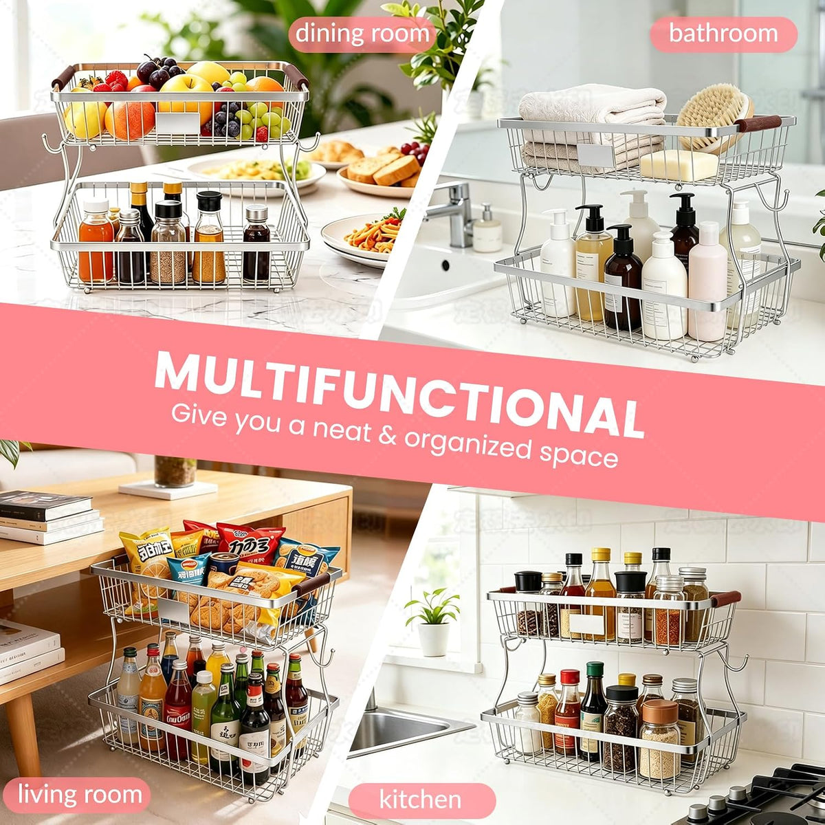 2-Tier Stackable Wire Basket with 2 Banana Hooks, Pantry Organizer for Kitchen Countertops, Cabinets & Under-Sink Spaces; Ideal for Storing Snacks, Fruits, Veggies, Onions, Potatoes, & More,Black