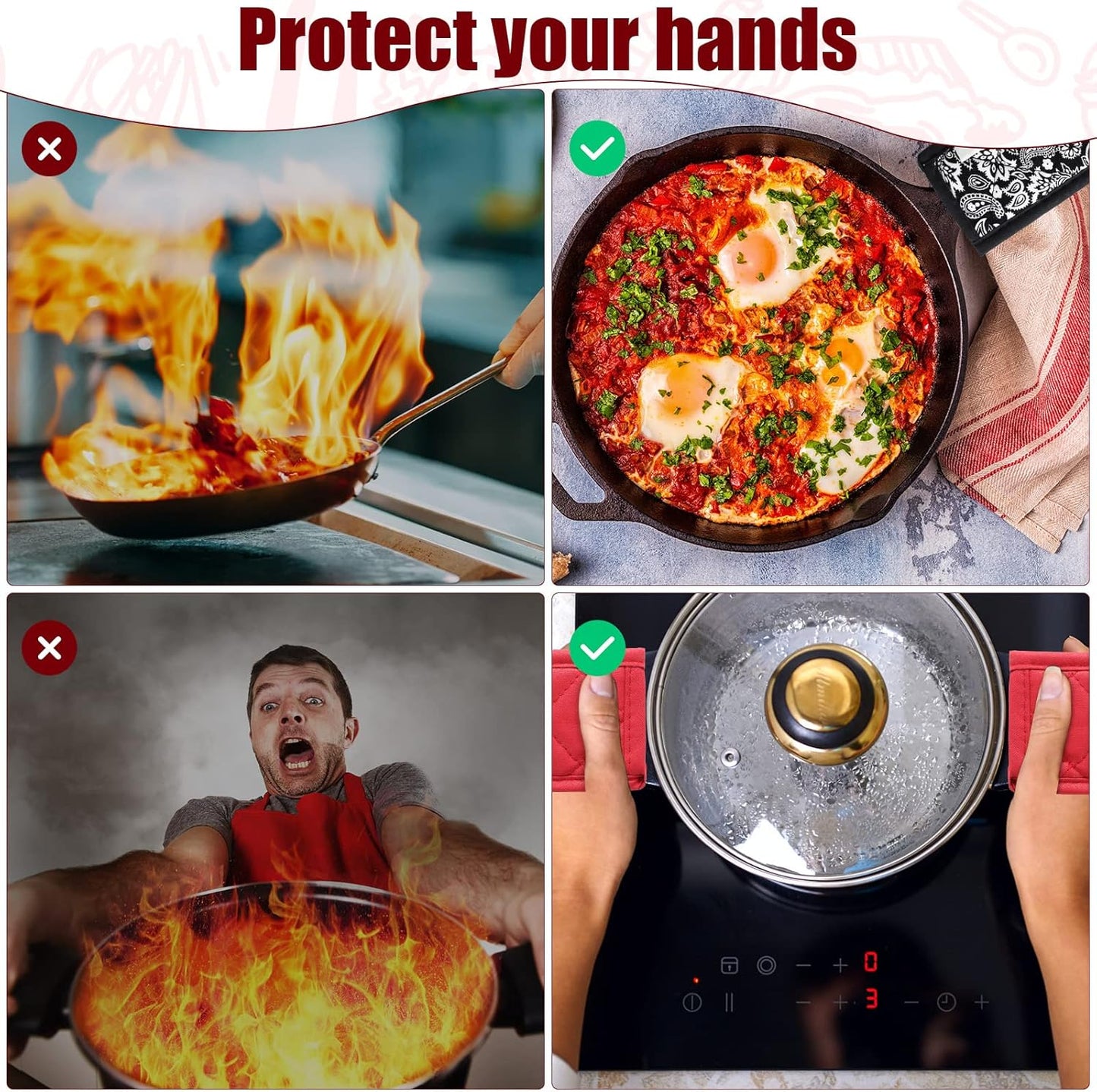 Geiserailie 8 Pcs Cast Iron Skillet Handle Cover Heat Resistant Pan Handle Sleeve Non Slip Pot Holders Machine Washable Handles Mitts for Kitchen Cooking Tools, 4 Styles(Retro Style)