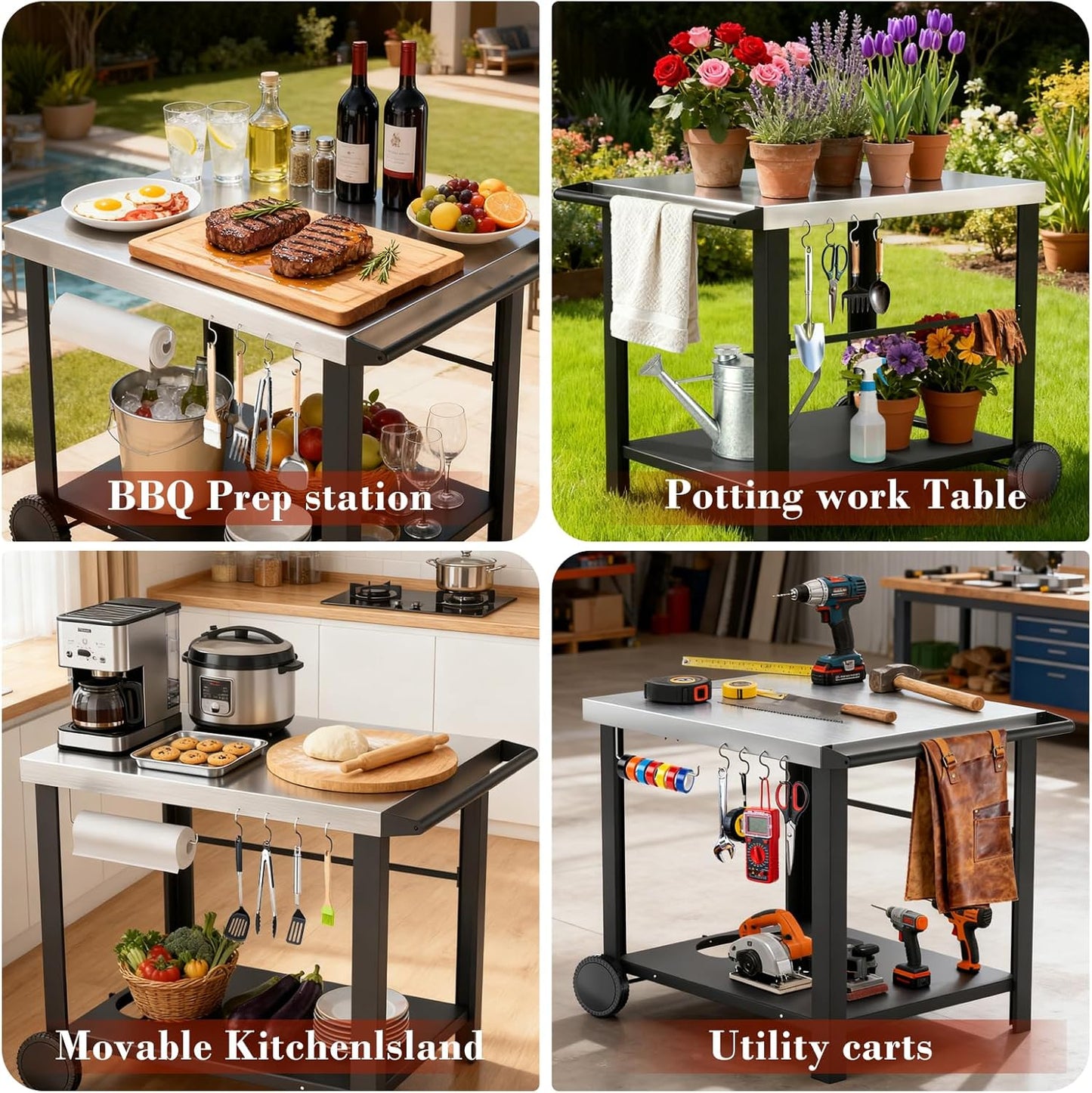 Upgraded Pizza Oven Cart Table for Ooni Koda/Karu/Fyra 16 & 12, Movable Thicken & Widen Rolling Kitchen Cart, Outdoor Grill Stand for Ninja Woodfire,Blackstone Griddle,Barbecue Tool Set