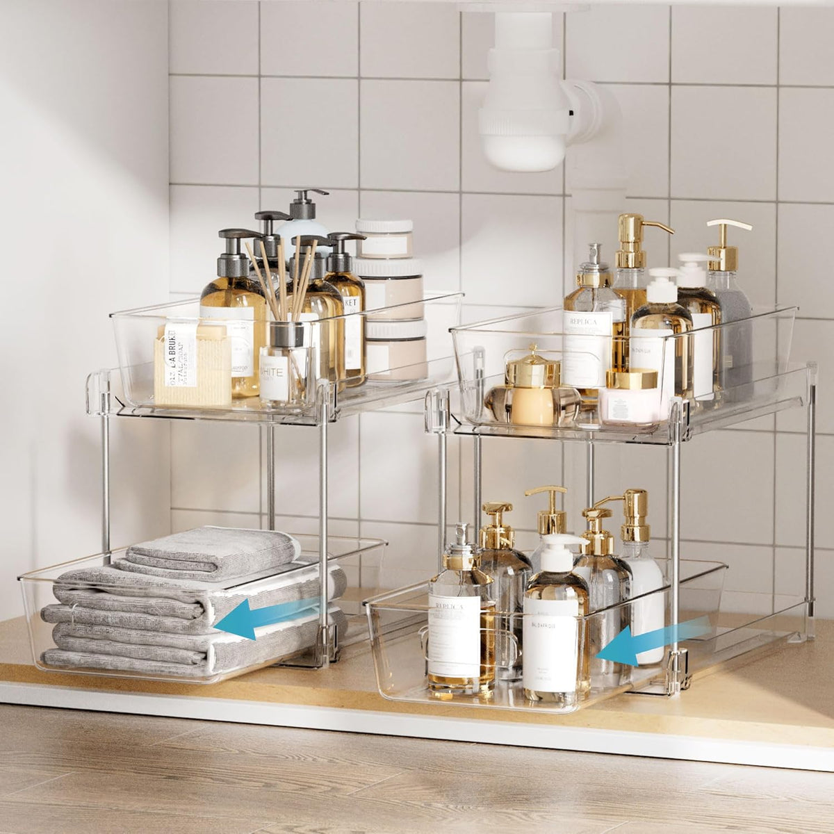 Vtopmart 4 Pack Bathroom Under Sink Organizers Organizer, 2 Tier Clear Pull-Out Organization (S-Standard)