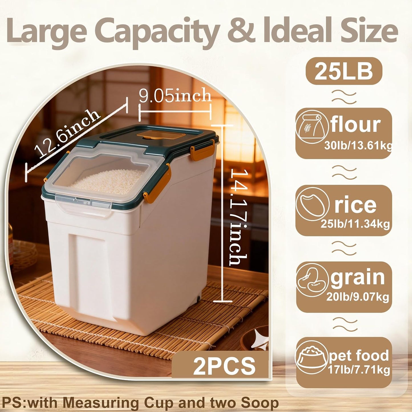 RUIAN 2Pcs Large Flour Storage Container Bin 50Lb Airtight Rice Storage Containers with Wheels Seal Locking Lid, BPA Free with Measuring Cup&Scoop for Flour, Rice, Grain 100LBS Total (Blue)